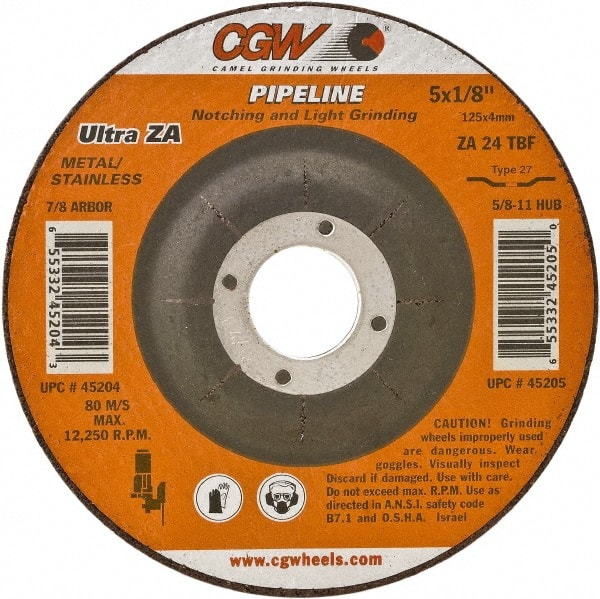 Camel Grinding Wheels - 24 Grit, 7" Wheel Diam, 1/8" Wheel Thickness, Type 27 Depressed Center Wheel - Coarse Grade, Zirconia Alumina, Resinoid Bond, 8,600 Max RPM - Exact Tooling
