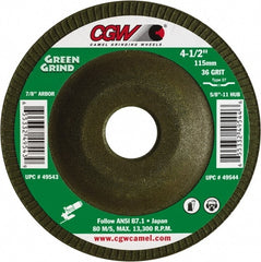 Camel Grinding Wheels - 36 Grit, 4-1/2" Wheel Diam, 5/32" Wheel Thickness, 7/8" Arbor Hole, Type 27 Depressed Center Wheel - Medium Grade, Zirconia Alumina, Resinoid Bond, 13,300 Max RPM - Exact Tooling