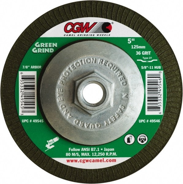 Camel Grinding Wheels - 36 Grit, 4-1/2" Wheel Diam, 5/32" Wheel Thickness, Type 27 Depressed Center Wheel - Medium Grade, Zirconia Alumina, Resinoid Bond, 13,300 Max RPM - Exact Tooling