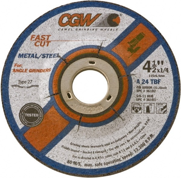 Camel Grinding Wheels - 24 Grit, 9" Wheel Diam, 1/4" Wheel Thickness, Type 28 Depressed Center Wheel - Coarse Grade, Aluminum Oxide, Resinoid Bond, 6,660 Max RPM - Exact Tooling