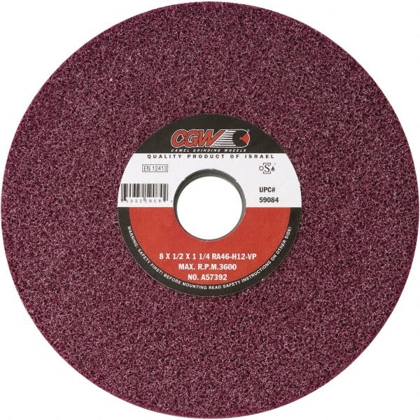 Camel Grinding Wheels - 8" Diam x 1-1/4" Hole x 1/2" Thick, H Hardness, 46 Grit Surface Grinding Wheel - Aluminum Oxide, Type 1, Medium Grade, Vitrified Bond, No Recess - Exact Tooling