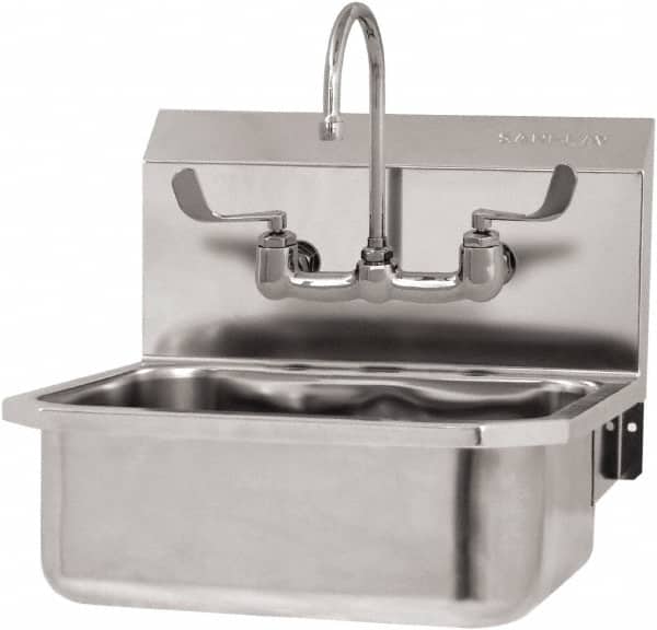 SANI-LAV - 17" Long x 14" Wide Inside, 1 Compartment, Grade 304 Stainless Steel Hand Sink Wall Mount with Manual Faucet - 18 Gauge, 19" Long x 18" Wide x 21" High Outside, 7" Deep - Exact Tooling