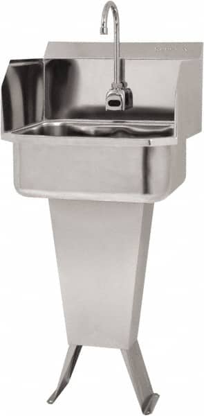 SANI-LAV - 17" Long x 14" Wide Inside, 1 Compartment, Grade 304 Stainless Steel Hand Sink Floor Mount with Electronic Faucet - 18 Gauge, 19" Long x 18" Wide x 46" High Outside, 7" Deep - Exact Tooling