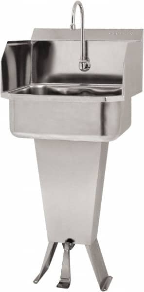 SANI-LAV - 17" Long x 14" Wide Inside, 1 Compartment, Grade 304 Stainless Steel Hand Sink Floor Mount with Single Foot Valve - 18 Gauge, 19" Long x 18" Wide x 46" High Outside, 7" Deep - Exact Tooling