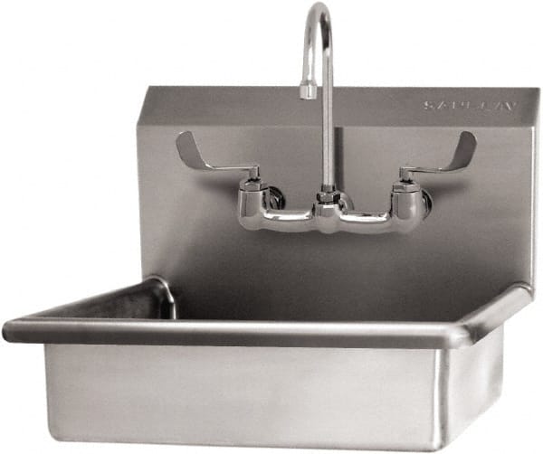 SANI-LAV - 16" Long x 12-1/2" Wide Inside, 1 Compartment, Grade 304 Stainless Steel Hand Sink Wall Mount with Manual Faucet - 16 Gauge, 19" Long x 16" Wide x 20-1/2" High Outside, 6" Deep - Exact Tooling