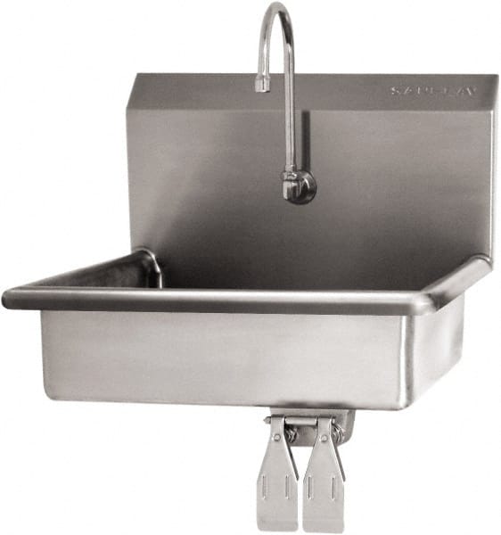 SANI-LAV - 16" Long x 12-1/2" Wide Inside, 1 Compartment, Grade 304 Stainless Steel Hand Sink Wall Mount with Single Knee Valve - 16 Gauge, 19" Long x 16" Wide x 20-1/2" High Outside, 6" Deep - Exact Tooling