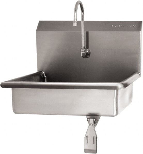 SANI-LAV - 16" Long x 12-1/2" Wide Inside, 1 Compartment, Grade 304 Stainless Steel Hand Sink Wall Mount with Single Knee Valve - 16 Gauge, 19" Long x 16" Wide x 20-1/2" High Outside, 6" Deep - Exact Tooling