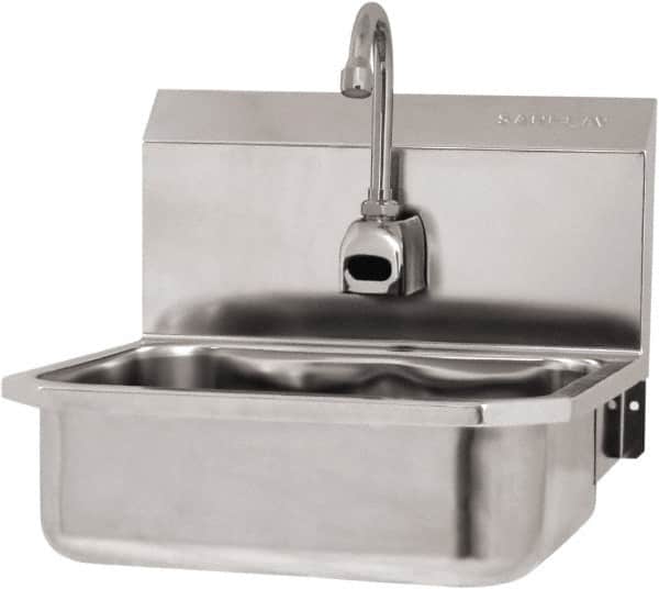 SANI-LAV - 14" Long x 11" Wide Inside, 1 Compartment, Grade 304 Stainless Steel Hand Sink Wall Mount with Electronic Faucet - 18 Gauge, 16" Long x 15-1/4" Wide x 16" High Outside, 5" Deep - Exact Tooling