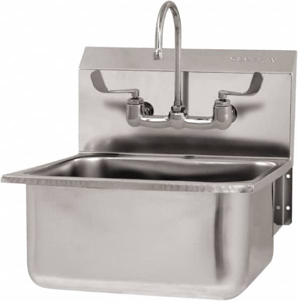 SANI-LAV - 19" Long x 16" Wide Inside, 1 Compartment, Grade 304 Stainless Steel Hand Sink Wall Mount with Manual Faucet - 18 Gauge, 21" Long x 20" Wide x 24" High Outside, 10" Deep - Exact Tooling