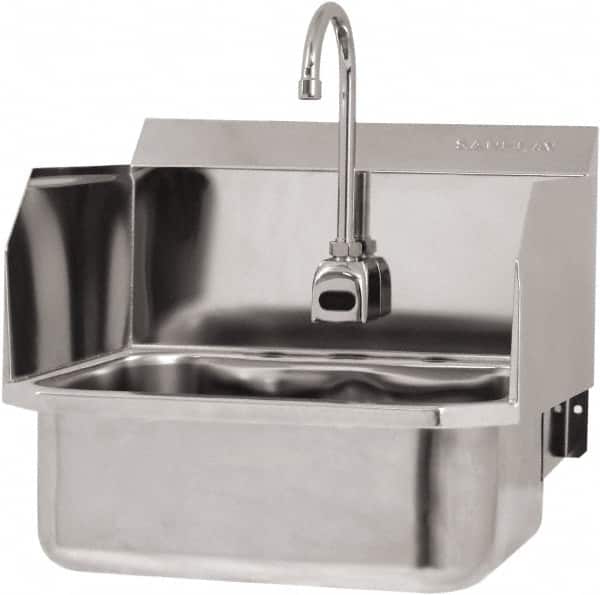 SANI-LAV - 17" Long x 14" Wide Inside, 1 Compartment, Grade 304 Stainless Steel Hand Sink Wall Mount with Electronic Faucet - 18 Gauge, 19" Long x 18" Wide x 21" High Outside, 7" Deep - Exact Tooling