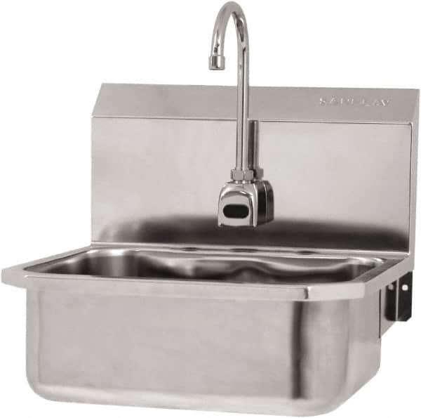 SANI-LAV - 17" Long x 14" Wide Inside, 1 Compartment, Grade 304 Stainless Steel Hand Sink Wall Mount with Electronic Faucet - 18 Gauge, 19" Long x 18" Wide x 21" High Outside, 7" Deep - Exact Tooling