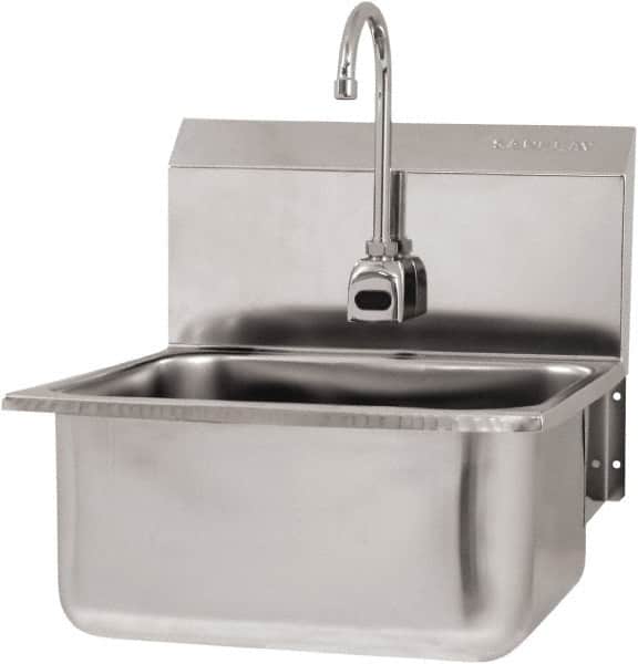 SANI-LAV - 19" Long x 16" Wide Inside, 1 Compartment, Grade 304 Stainless Steel Hand Sink Wall Mount with Electronic Faucet - 18 Gauge, 21" Long x 20" Wide x 24" High Outside, 10" Deep - Exact Tooling