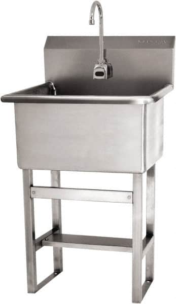 SANI-LAV - 22" Long x 16" Wide Inside, 1 Compartment, Grade 304 Stainless Steel Hand Sink Floor Mount with Electronic Faucet - 16 Gauge, 25" Long x 19-1/2" Wide x 46-1/2" High Outside, 10-1/2" Deep - Exact Tooling