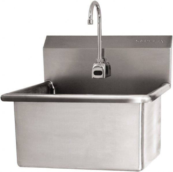 SANI-LAV - 22" Long x 16" Wide Inside, 1 Compartment, Grade 304 Stainless Steel Scrub Sink Wall Mount with Electronic Faucet - 16 Gauge, 25" Long x 19-1/2" Wide x 24" High Outside, 10-1/2" Deep - Exact Tooling