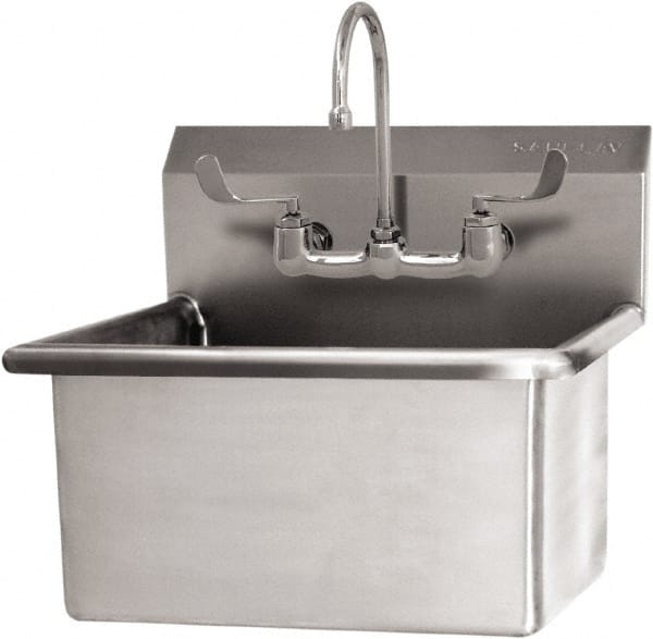 SANI-LAV - 22" Long x 16" Wide Inside, 1 Compartment, Grade 304 Stainless Steel Scrub Sink Wall Mount with Manual Faucet - 16 Gauge, 25" Long x 19-1/2" Wide x 24" High Outside, 10-1/2" Deep - Exact Tooling