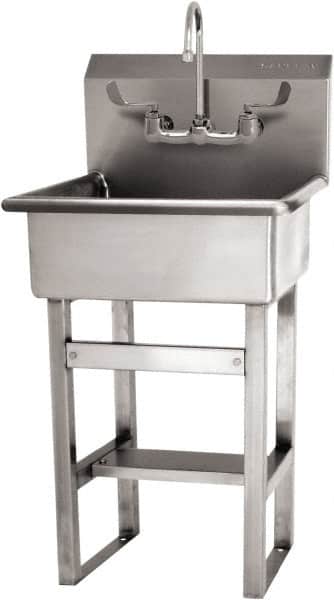 SANI-LAV - 20" Long x 17" Wide Inside, 1 Compartment, Grade 304 Stainless Steel Hand Sink Floor Mount Manual Faucet - 16 Gauge, 23" Long x 20-1/2" Wide x 46-1/2" High Outside, 9" Deep - Exact Tooling