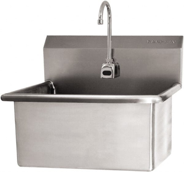 SANI-LAV - 28" Long x 16" Wide Inside, 1 Compartment, Grade 304 Stainless Steel Scrub Sink Wall Mount with Electronic Faucet - 16 Gauge, 31" Long x 19-1/2" Wide x 24" High Outside, 10-1/2" Deep - Exact Tooling
