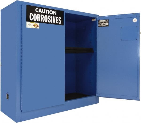 Securall Cabinets - 2 Door, 1 Shelf, Blue Steel Standard Safety Cabinet for Corrosive Chemicals - 44" High x 43" Wide x 18" Deep, Manual Closing Door, 3 Point Key Lock, 30 Gal Capacity - Exact Tooling