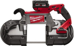 Milwaukee Tool - 18 Volt, 44-7/8" Blade, 380 SFPM Cordless Portable Bandsaw - 5" (Round) & 5 x 5" (Rectangle) Cutting Capacity, Lithium-Ion Battery Included - Exact Tooling