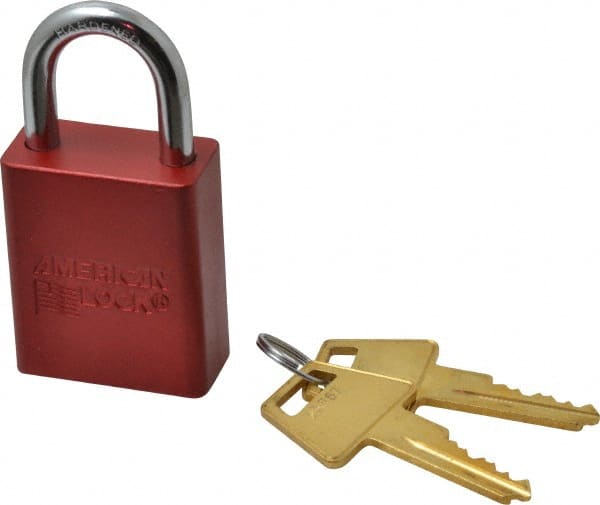 American Lock - Keyed Alike Conductive Lockout Padlock - 1" Shackle Clearance, 1/4" Shackle Diam, 1.8" Body Height x 1-1/2" Body Width, Red, 5 Pins - Exact Tooling