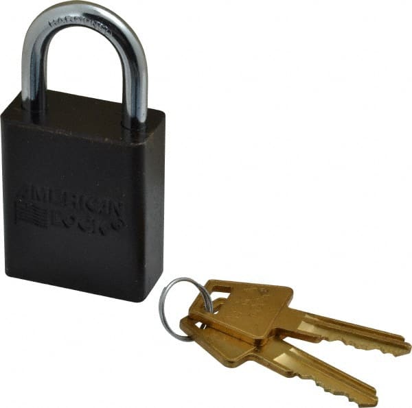 American Lock - Keyed Alike Conductive Lockout Padlock - 1" Shackle Clearance, 1/4" Shackle Diam, 1.8" Body Height x 1-1/2" Body Width, Black, 5 Pins - Exact Tooling