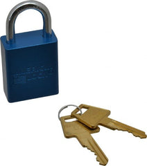 American Lock - Keyed Different Conductive Lockout Padlock - 1" Shackle Clearance, 1/4" Shackle Diam, 1.8" Body Height x 1-1/2" Body Width, Blue, 5 Pins - Exact Tooling