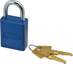 American Lock - Keyed Alike Conductive Lockout Padlock - 1" Shackle Clearance, 1/4" Shackle Diam, 1.8" Body Height x 1-1/2" Body Width, Blue, 5 Pins - Exact Tooling