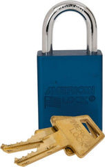American Lock - Keyed Alike Conductive Lockout Padlock - 1" Shackle Clearance, 1/4" Shackle Diam, 1.8" Body Height x 1-1/2" Body Width, Blue, 5 Pins - Exact Tooling