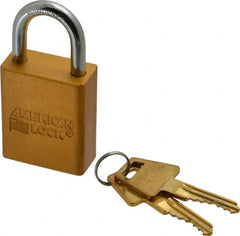 American Lock - Keyed Alike Conductive Lockout Padlock - 1" Shackle Clearance, 1/4" Shackle Diam, 1.8" Body Height x 1-1/2" Body Width, Yellow, 5 Pins - Exact Tooling