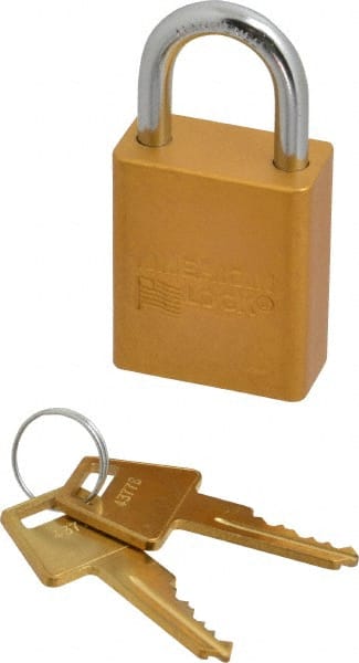 American Lock - Keyed Alike Conductive Lockout Padlock - 1" Shackle Clearance, 1/4" Shackle Diam, 1.8" Body Height x 1-1/2" Body Width, Yellow, 5 Pins - Exact Tooling