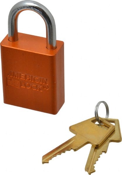American Lock - Keyed Alike Conductive Lockout Padlock - 1" Shackle Clearance, 1/4" Shackle Diam, 1.8" Body Height x 1-1/2" Body Width, Orange, 5 Pins - Exact Tooling