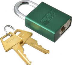 American Lock - Keyed Different Conductive Lockout Padlock - 1" Shackle Clearance, 1/4" Shackle Diam, 1.8" Body Height x 1-1/2" Body Width, Green, 5 Pins - Exact Tooling