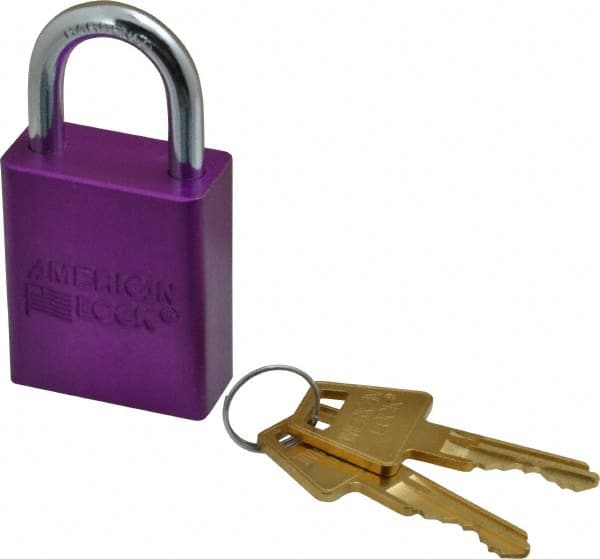 American Lock - Keyed Different Conductive Lockout Padlock - 1" Shackle Clearance, 1/4" Shackle Diam, 1.8" Body Height x 1-1/2" Body Width, Purple, 5 Pins - Exact Tooling