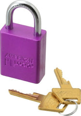 American Lock - Keyed Alike Conductive Lockout Padlock - 1" Shackle Clearance, 1/4" Shackle Diam, 1.8" Body Height x 1-1/2" Body Width, Purple, 5 Pins - Exact Tooling