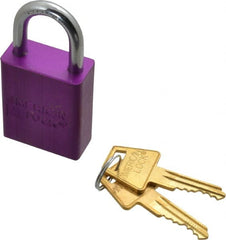 American Lock - Keyed Alike Conductive Lockout Padlock - 1" Shackle Clearance, 1/4" Shackle Diam, 1.8" Body Height x 1-1/2" Body Width, Purple, 5 Pins - Exact Tooling