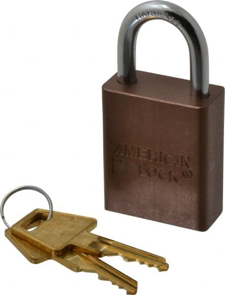 American Lock - Keyed Different Conductive Lockout Padlock - 1" Shackle Clearance, 1/4" Shackle Diam, 1.8" Body Height x 1-1/2" Body Width, Brown, 5 Pins - Exact Tooling