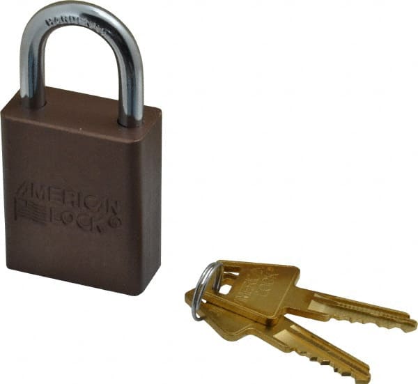 American Lock - Keyed Alike Conductive Lockout Padlock - 1" Shackle Clearance, 1/4" Shackle Diam, 1.8" Body Height x 1-1/2" Body Width, Brown, 5 Pins - Exact Tooling