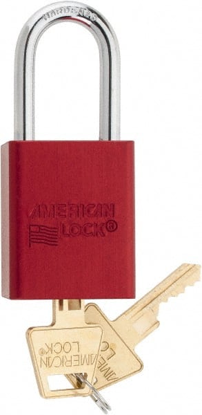American Lock - Keyed Different Conductive Lockout Padlock - 1-1/2" Shackle Clearance, 1/4" Shackle Diam, 1.8" Body Height x 1-1/2" Body Width, Red, 5 Pins - Exact Tooling