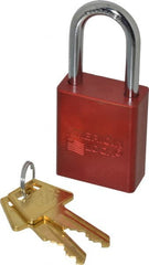 American Lock - Keyed Alike Retaining Key Conductive Lockout Padlock - 1-1/2" Shackle Clearance, 1/4" Shackle Diam, 1.8" Body Height x 1-1/2" Body Width, Red, 5 Pins - Exact Tooling
