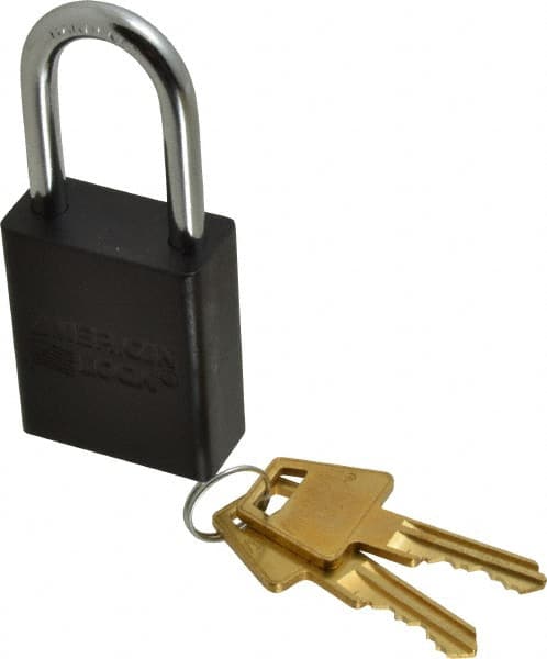 American Lock - Keyed Different Conductive Lockout Padlock - 1-1/2" Shackle Clearance, 1/4" Shackle Diam, 1.8" Body Height x 1-1/2" Body Width, Black, 5 Pins - Exact Tooling