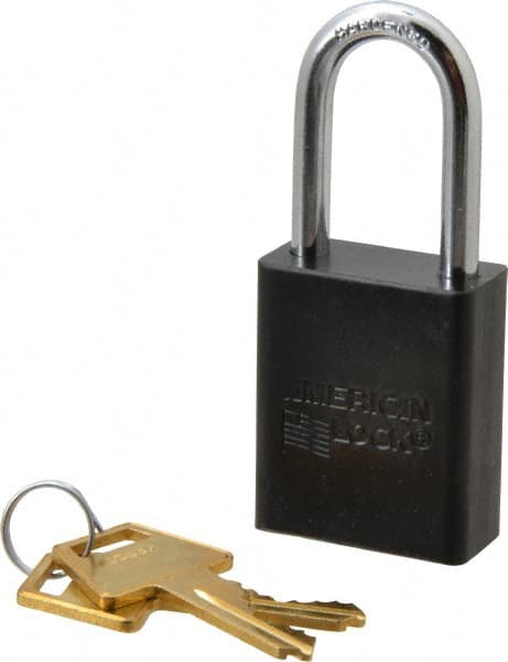 American Lock - Keyed Alike Conductive Lockout Padlock - 1-1/2" Shackle Clearance, 1/4" Shackle Diam, 1.8" Body Height x 1-1/2" Body Width, Black, 5 Pins - Exact Tooling