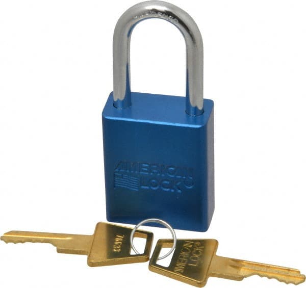 American Lock - Keyed Different Conductive Lockout Padlock - 1-1/2" Shackle Clearance, 1/4" Shackle Diam, 1.8" Body Height x 1-1/2" Body Width, Blue, 5 Pins - Exact Tooling