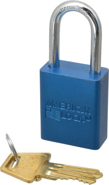 American Lock - Keyed Alike Conductive Lockout Padlock - 1-1/2" Shackle Clearance, 1/4" Shackle Diam, 1.8" Body Height x 1-1/2" Body Width, Blue, 5 Pins - Exact Tooling