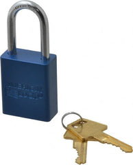 American Lock - Keyed Alike Conductive Lockout Padlock - 1-1/2" Shackle Clearance, 1/4" Shackle Diam, 1.8" Body Height x 1-1/2" Body Width, Blue, 5 Pins - Exact Tooling