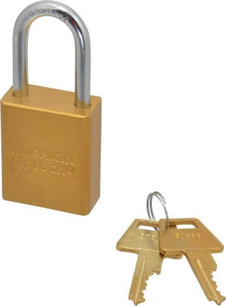 American Lock - Keyed Different Conductive Lockout Padlock - 1-1/2" Shackle Clearance, 1/4" Shackle Diam, 1.8" Body Height x 1-1/2" Body Width, Yellow, 5 Pins - Exact Tooling