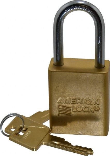 American Lock - Keyed Alike Conductive Lockout Padlock - 1-1/2" Shackle Clearance, 1/4" Shackle Diam, 1.8" Body Height x 1-1/2" Body Width, Yellow, 5 Pins - Exact Tooling