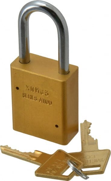 American Lock - Keyed Alike Conductive Lockout Padlock - 1-1/2" Shackle Clearance, 1/4" Shackle Diam, 1.8" Body Height x 1-1/2" Body Width, Yellow, 5 Pins - Exact Tooling