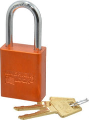 American Lock - Keyed Different Conductive Lockout Padlock - 1-1/2" Shackle Clearance, 1/4" Shackle Diam, 1.8" Body Height x 1-1/2" Body Width, Orange, 5 Pins - Exact Tooling
