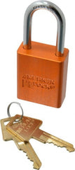 American Lock - Keyed Alike Conductive Lockout Padlock - 1-1/2" Shackle Clearance, 1/4" Shackle Diam, 1.8" Body Height x 1-1/2" Body Width, Orange, 5 Pins - Exact Tooling