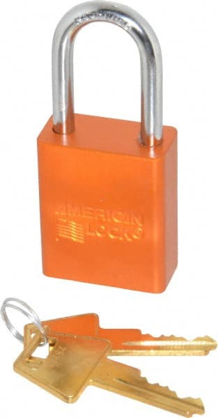 American Lock - Keyed Alike Conductive Lockout Padlock - 1-1/2" Shackle Clearance, 1/4" Shackle Diam, 1.8" Body Height x 1-1/2" Body Width, Orange, 5 Pins - Exact Tooling